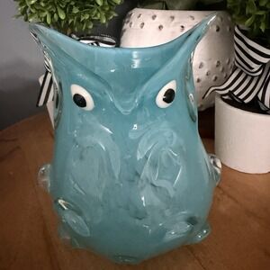 Art Glass Hand Blown Mottled Blue Owl Applied Eyes Vase